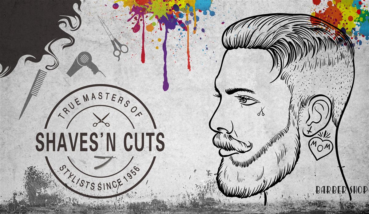 Fotobehang reclame voor een kapsalon aan de muur