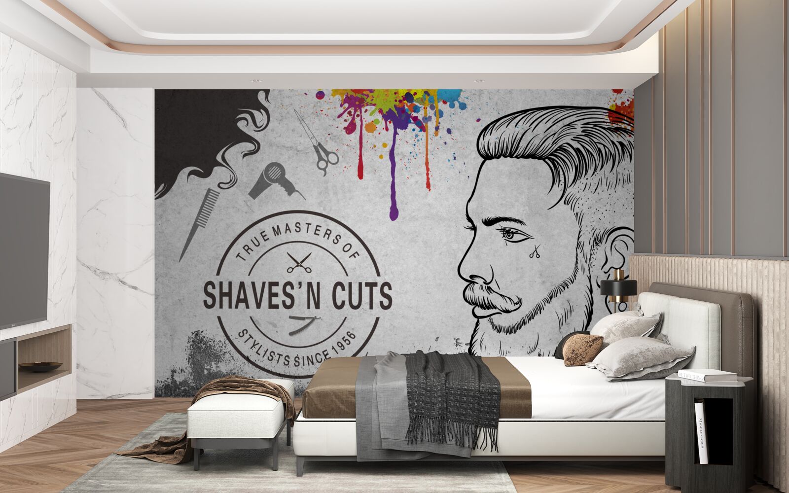 Fotobehang reclame voor een kapsalon aan de muur