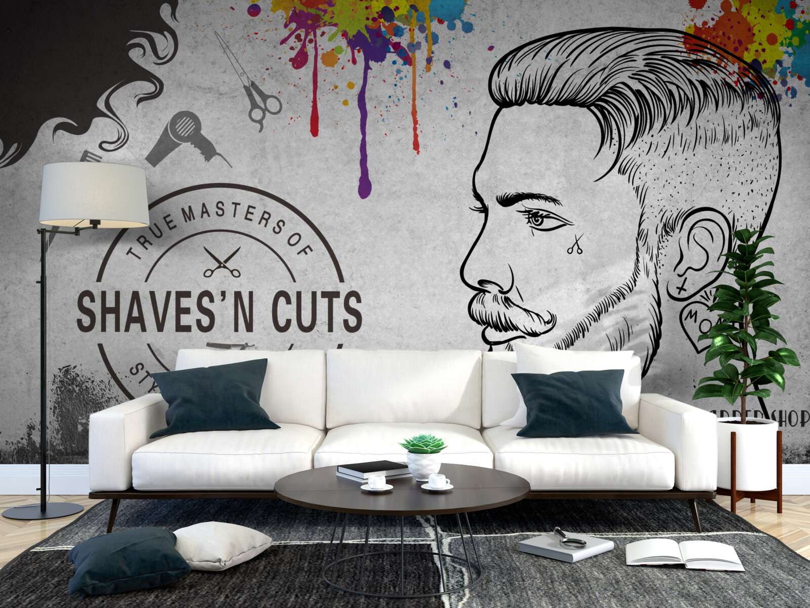 Fotobehang reclame voor een kapsalon aan de muur