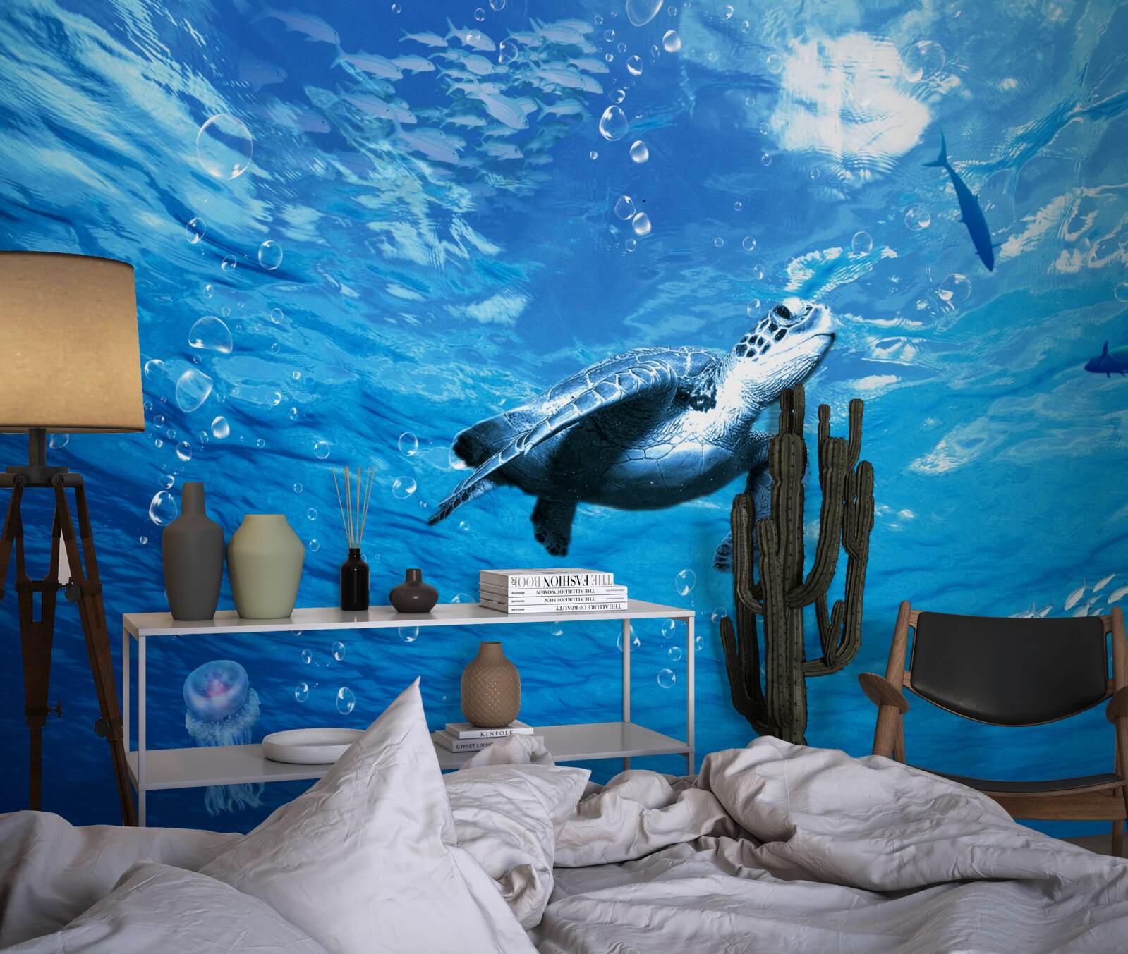 Fotobehang de blauwe zee is versierd met een zeeschildpad
