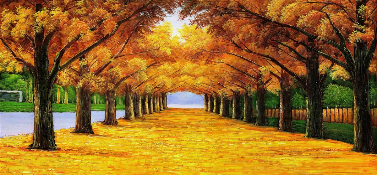 Fotobehang herfstperiode in een park met bomen bedekt met bladeren