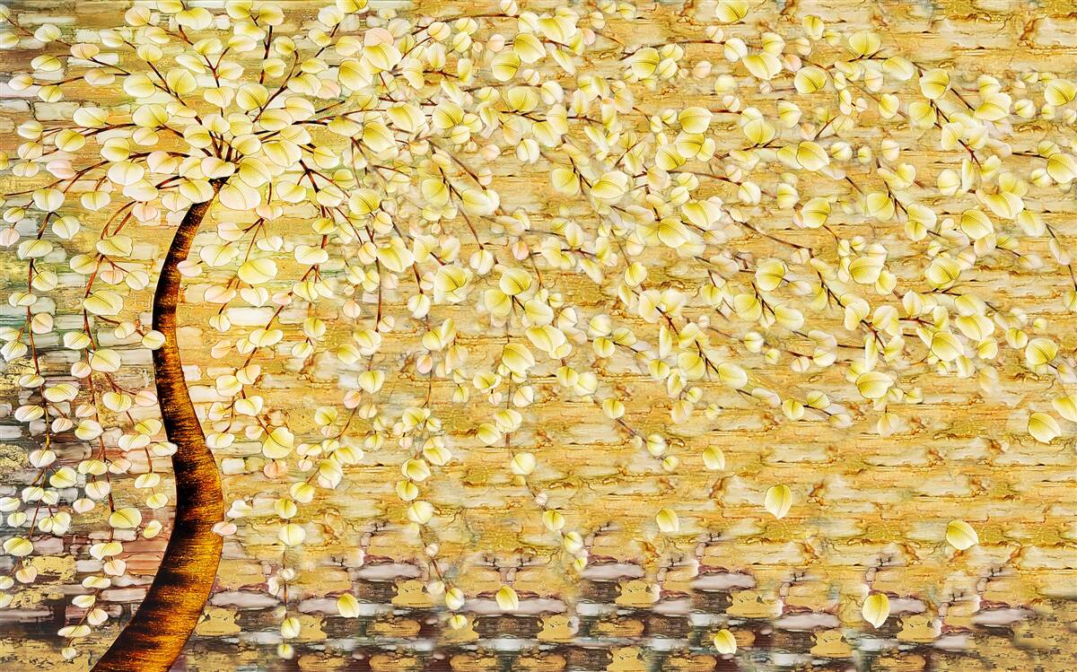Fotobehang boom bezaaid met witte en gele bloemen