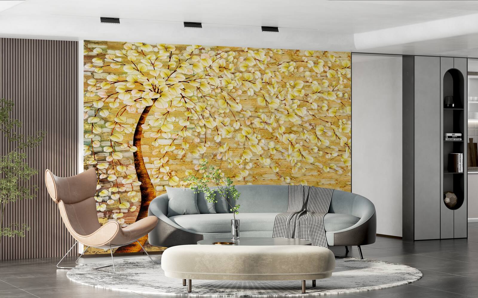 Fotobehang boom bezaaid met witte en gele bloemen
