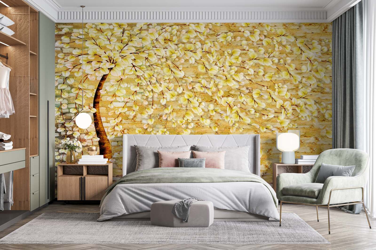 Fotobehang boom bezaaid met witte en gele bloemen