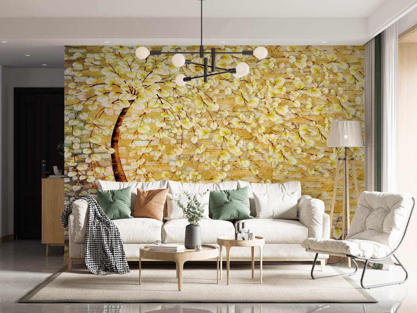 Fotobehang boom bezaaid met witte en gele bloemen