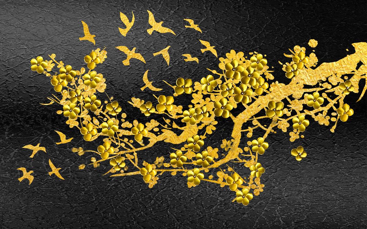 Fotobehang kleine gele bloemen en vogels