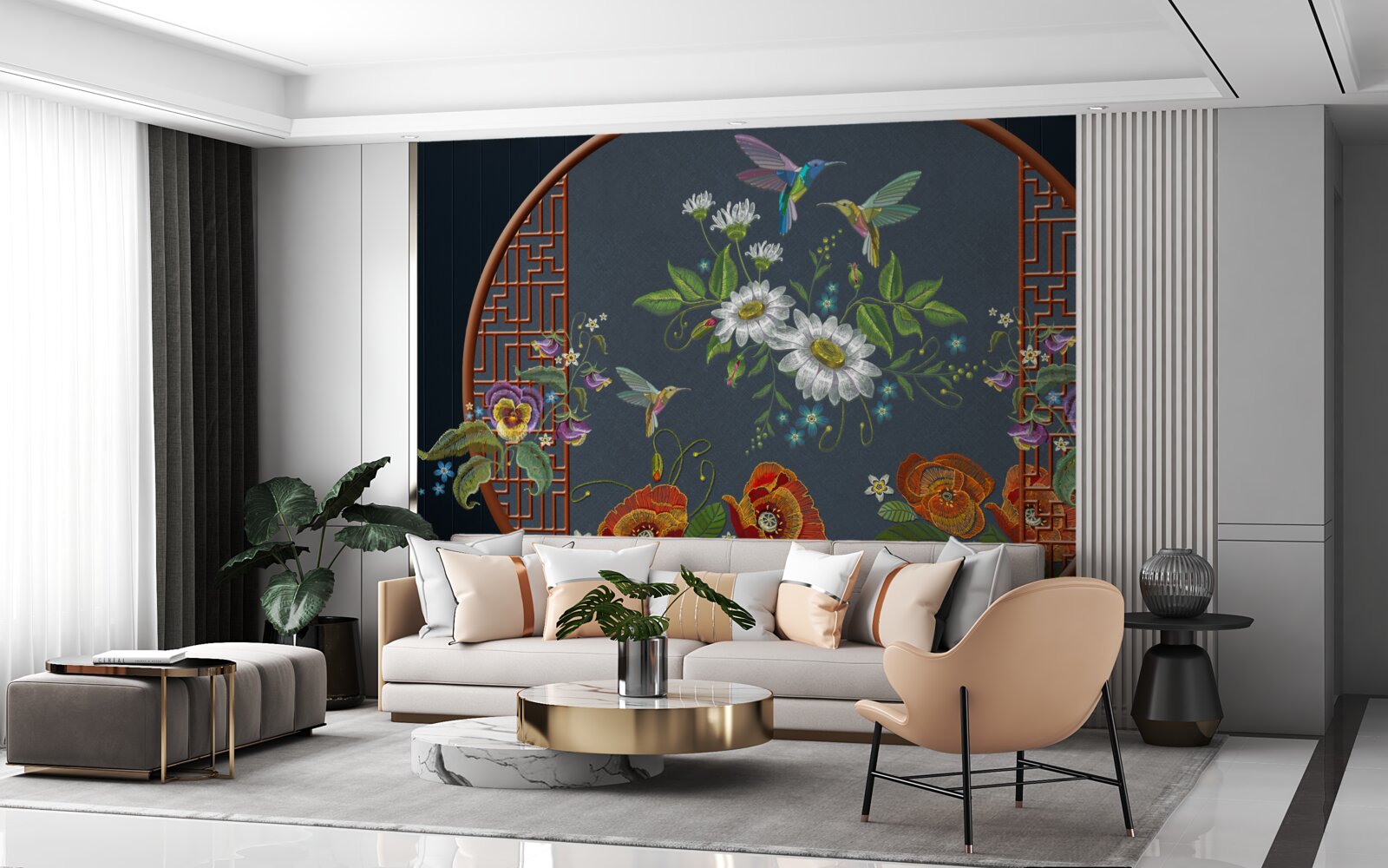 Fotobehang paneel met bloemen en kolibries