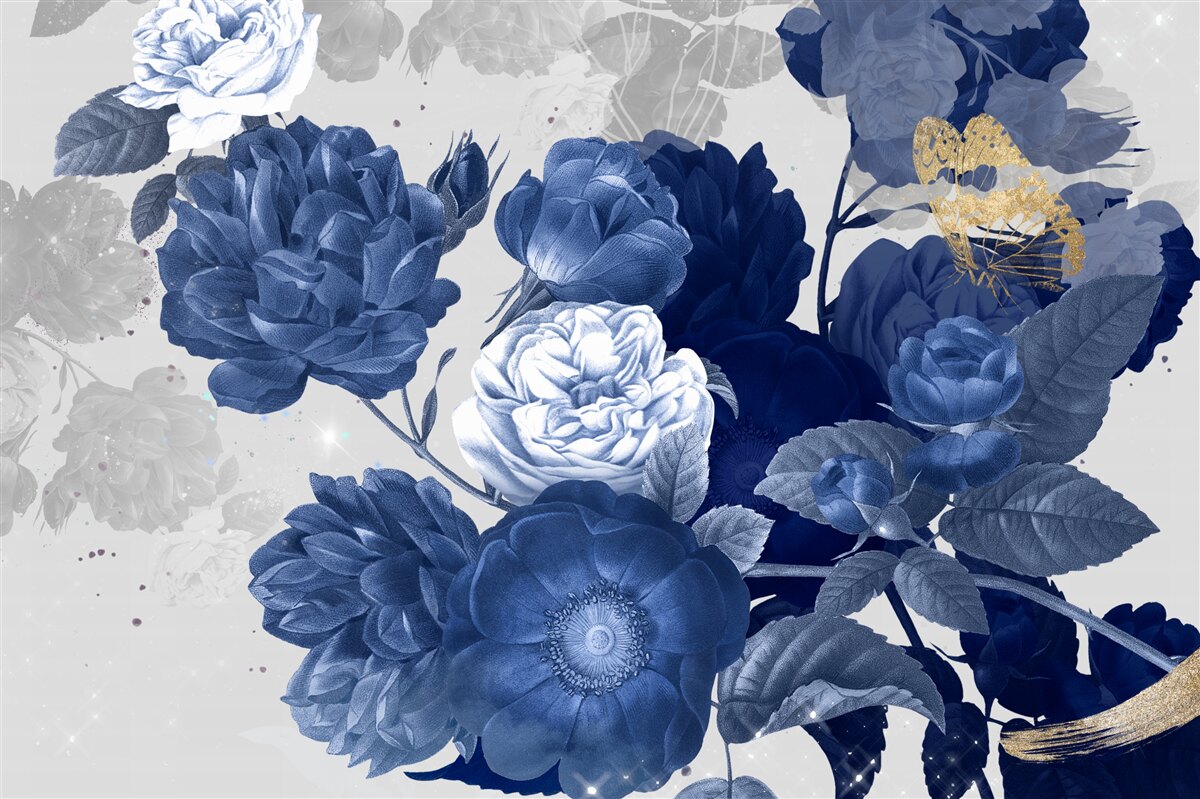 Fotobehang blauwe bloemen in vintage stijl