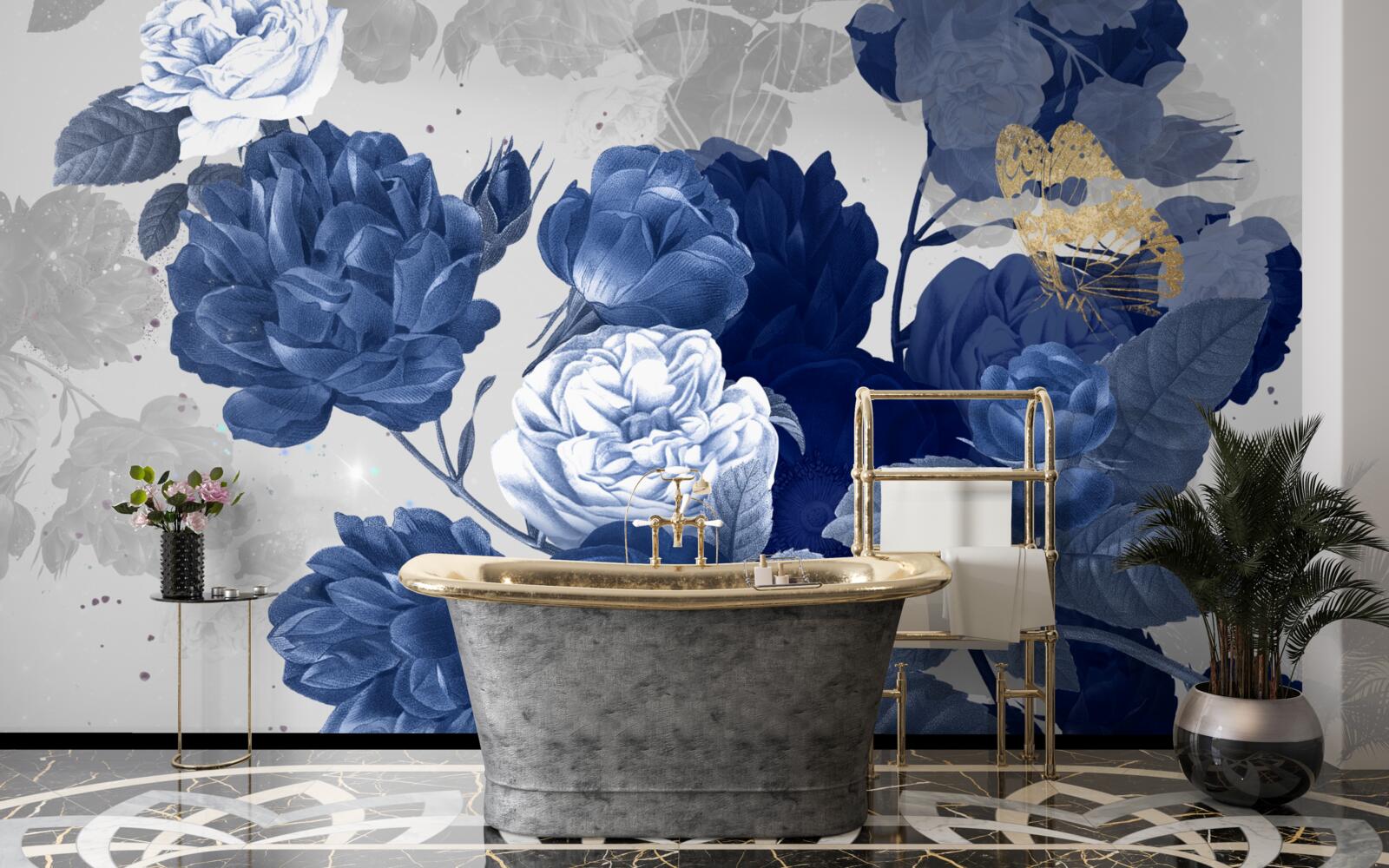 Fotobehang blauwe bloemen in vintage stijl