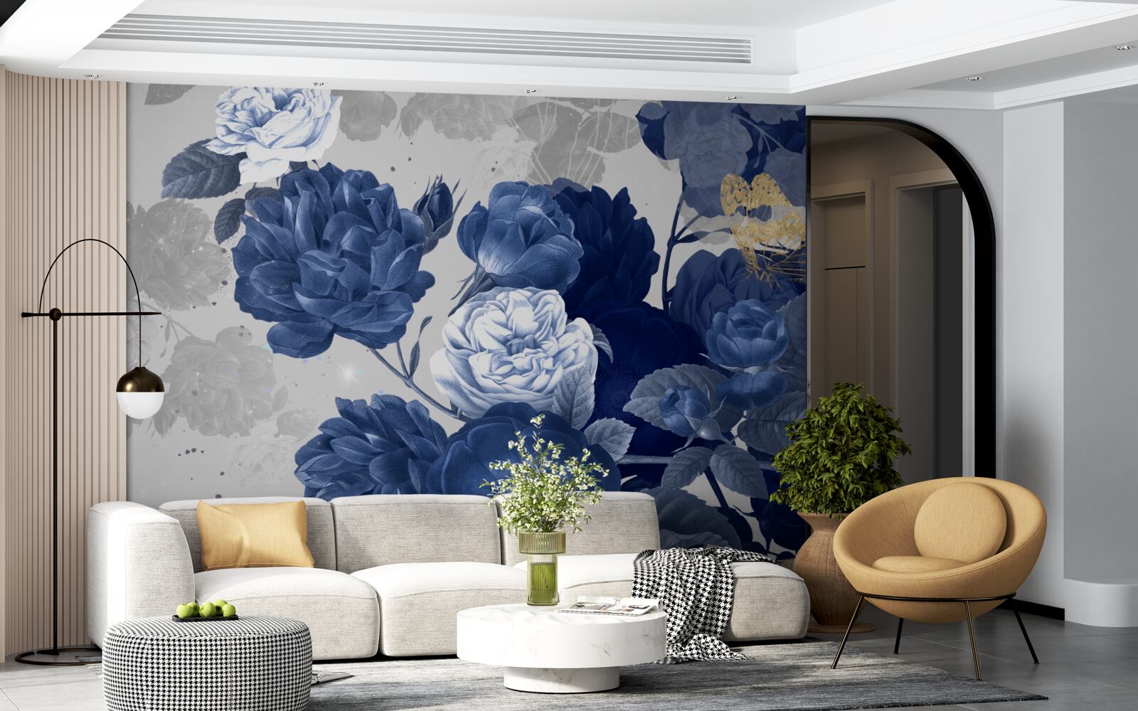 Fotobehang blauwe bloemen in vintage stijl