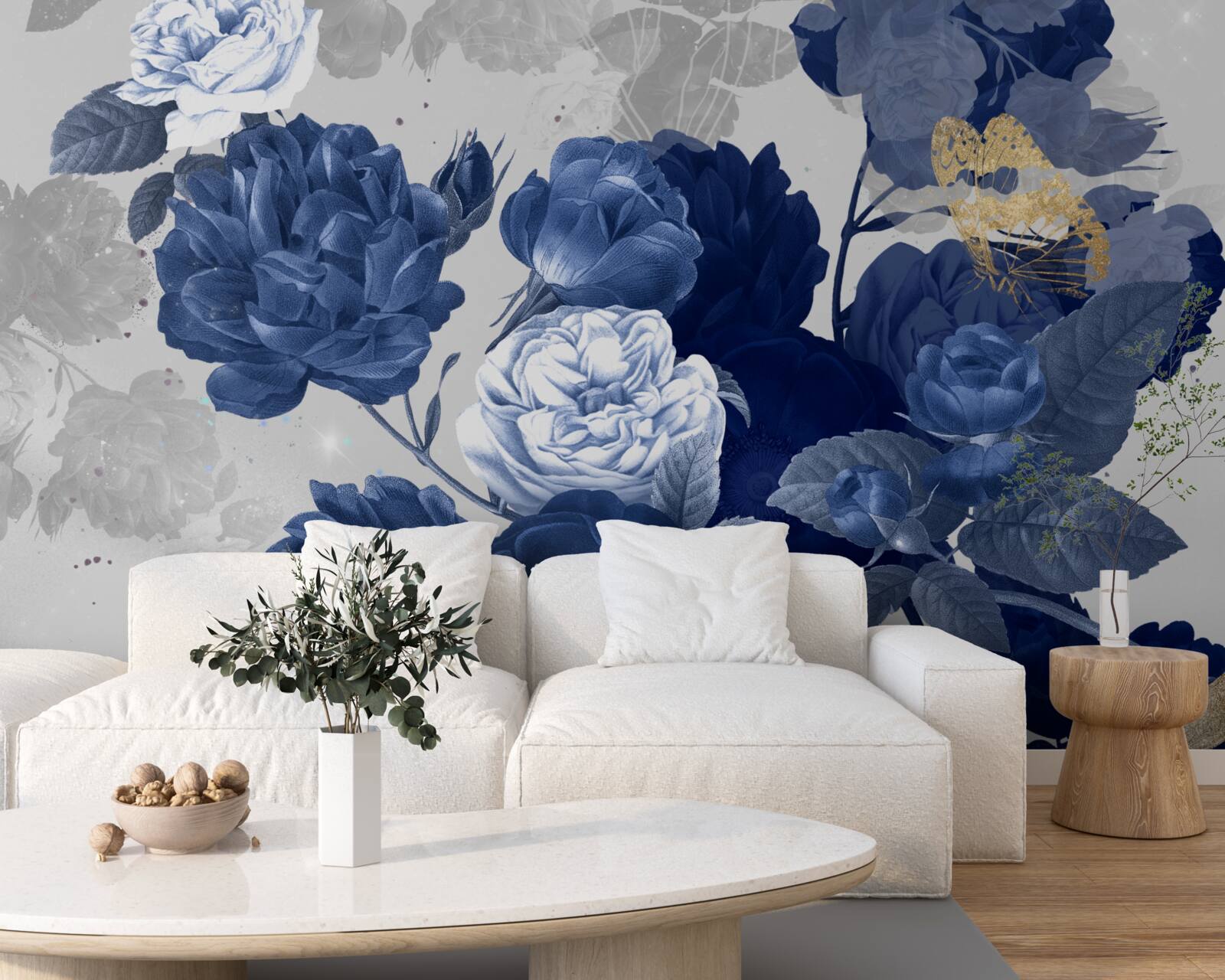 Fotobehang blauwe bloemen in vintage stijl