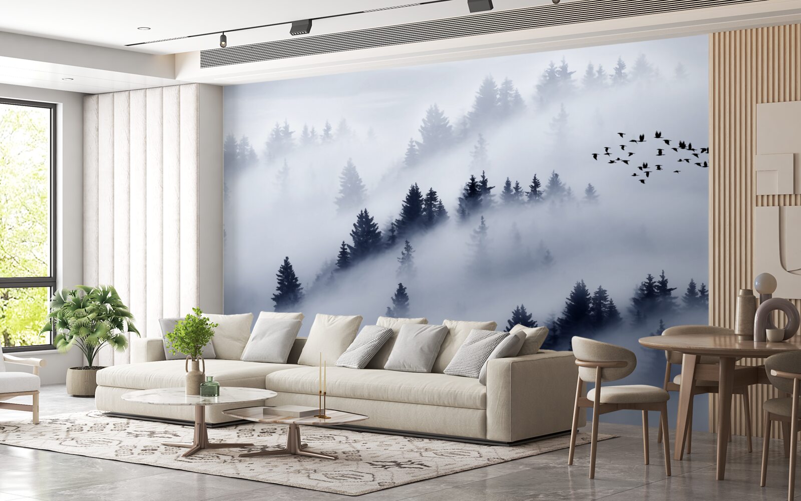 Fotobehang het naaldbos is gehuld in een dichte mist