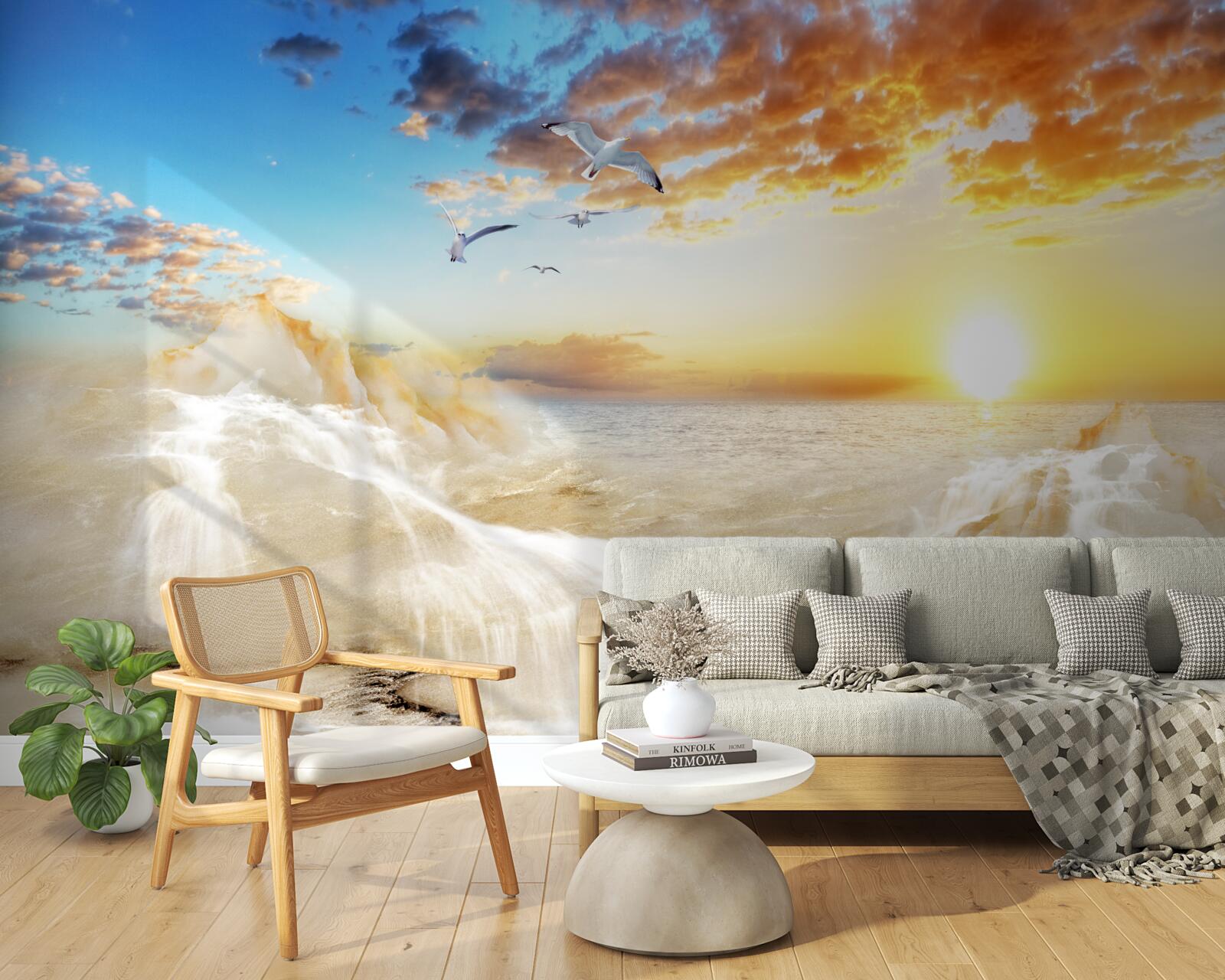 Fotobehang zonsondergang over zee met meeuwen