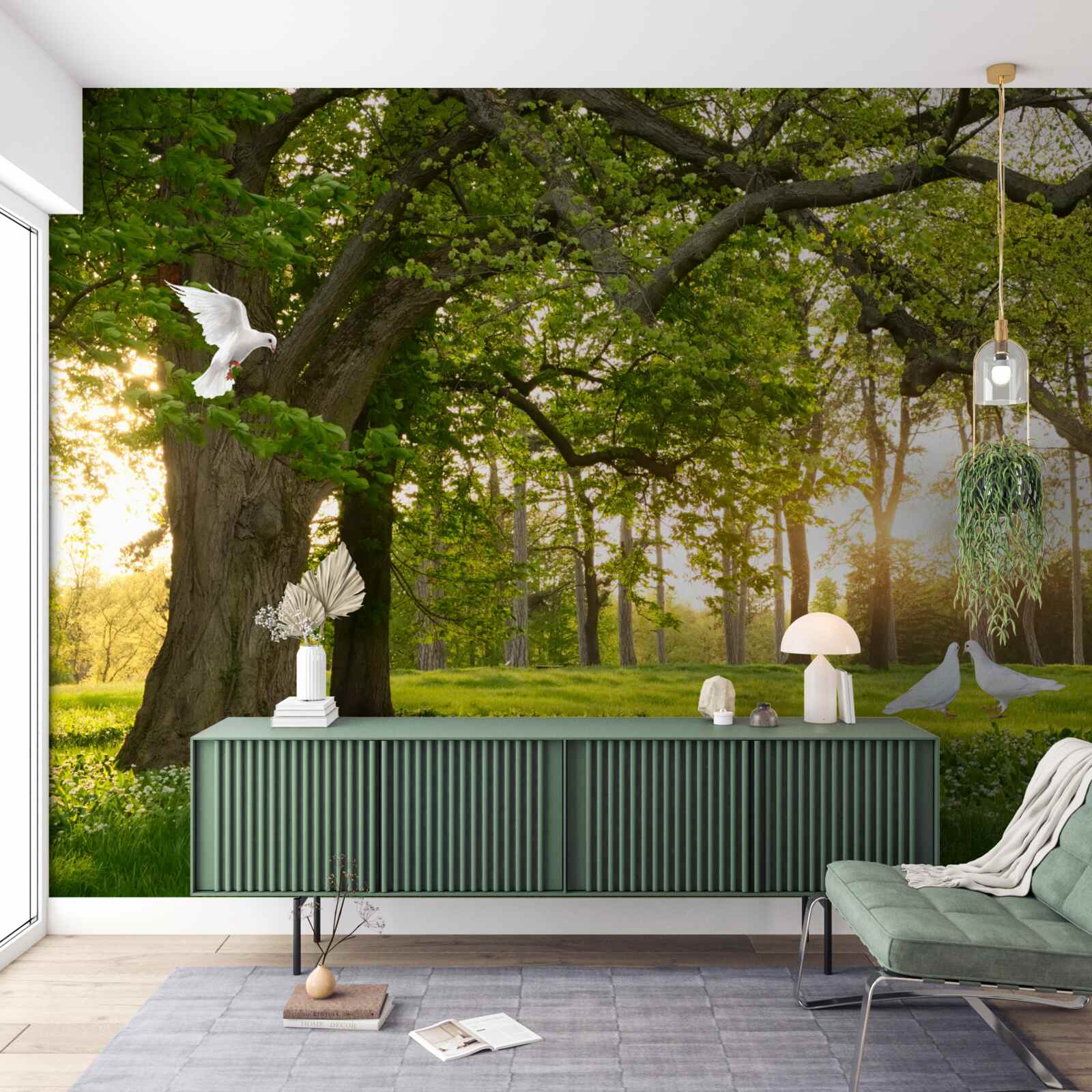 Fotobehang duiven glanzen hun wit bij zonsopgang in een groen bos