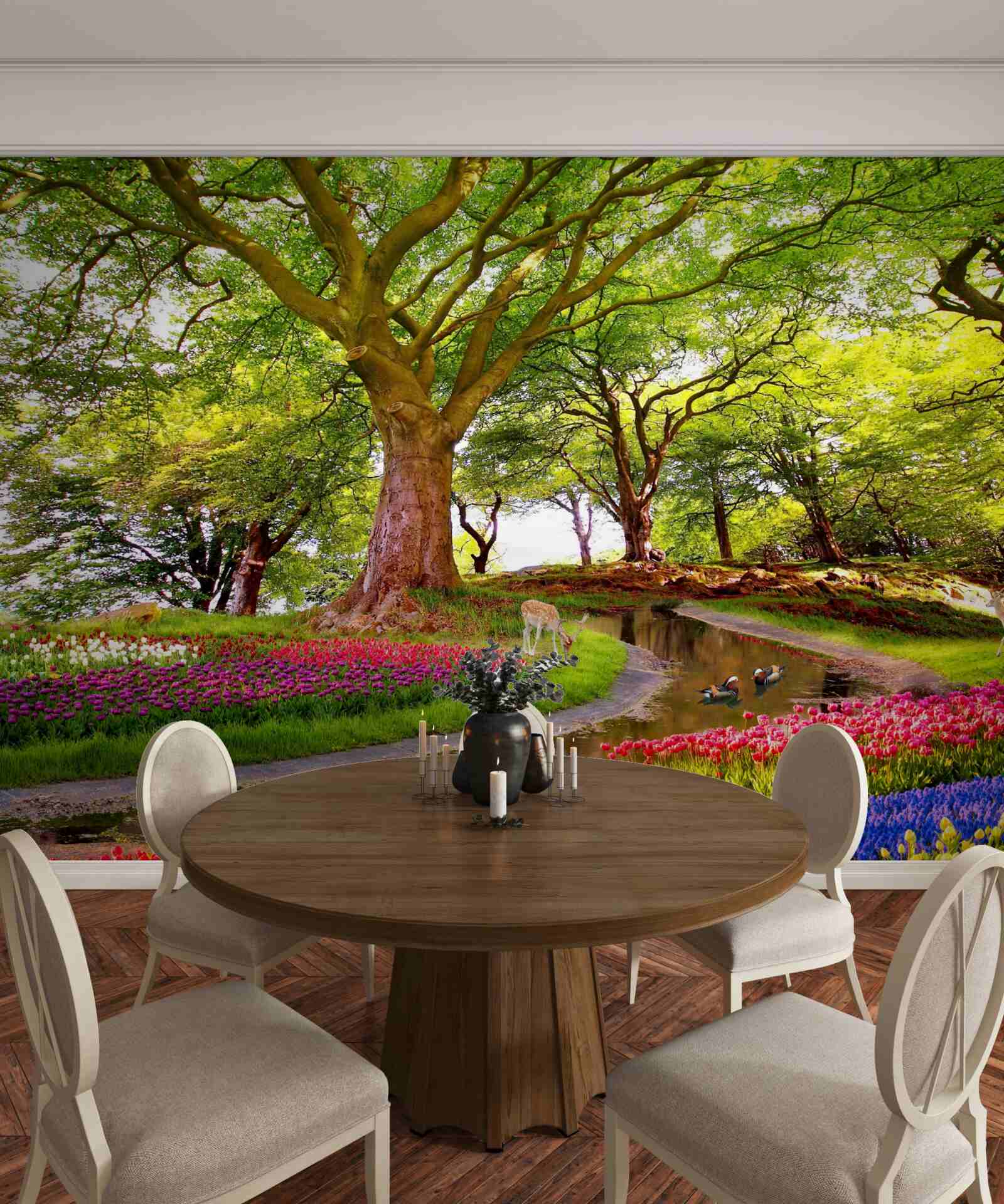 Fotobehang verscheidenheid aan zomertinten in de diepte van het bos