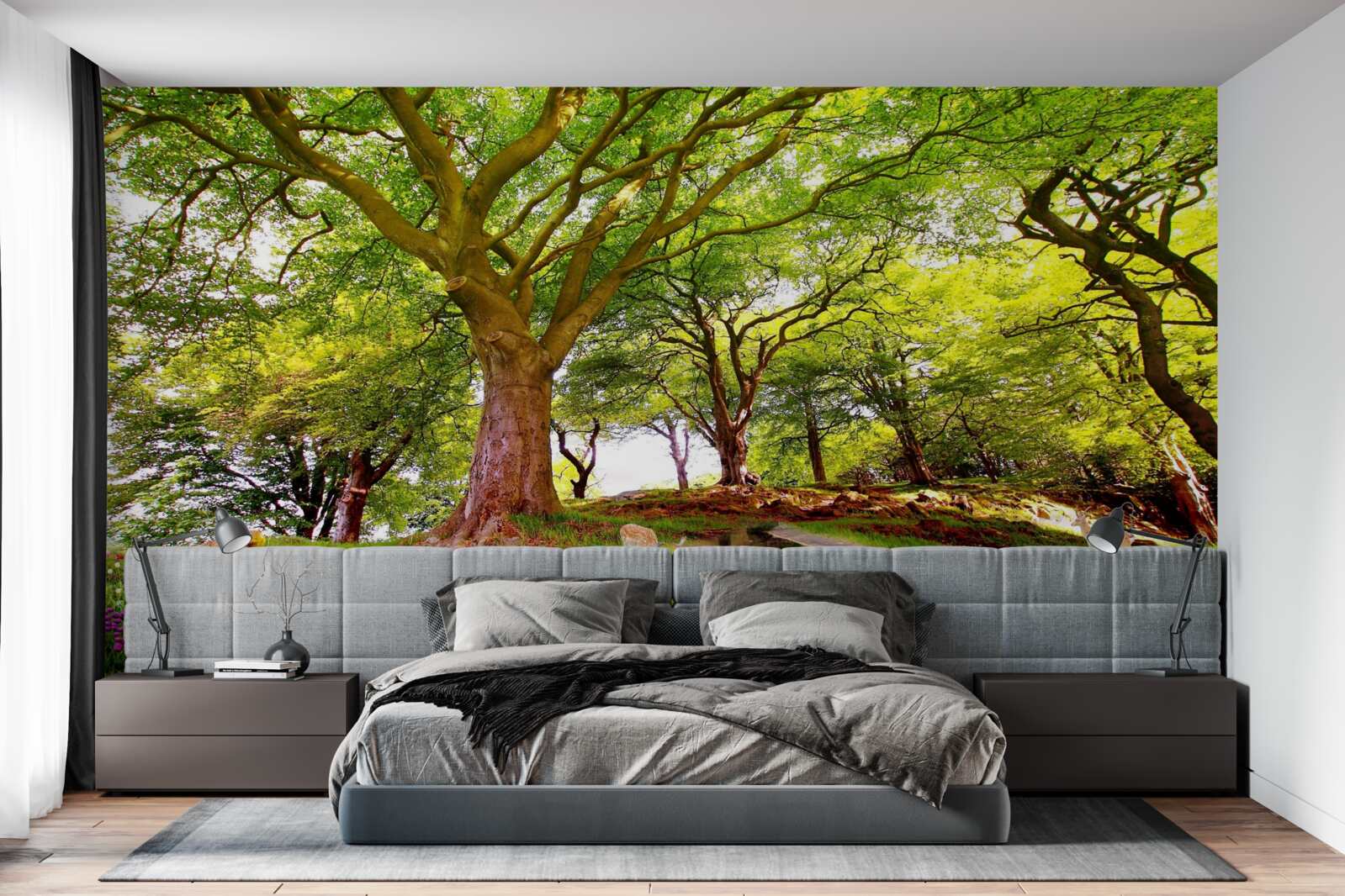 Fotobehang verscheidenheid aan zomertinten in de diepte van het bos