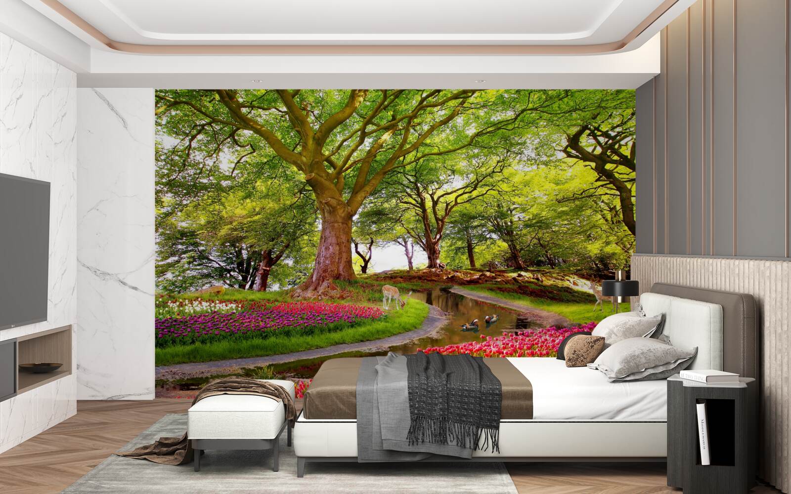 Fotobehang verscheidenheid aan zomertinten in de diepte van het bos