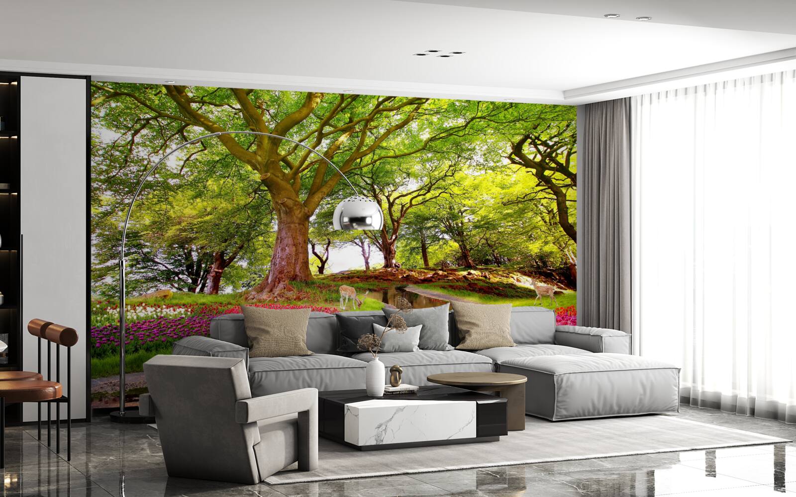 Fotobehang verscheidenheid aan zomertinten in de diepte van het bos