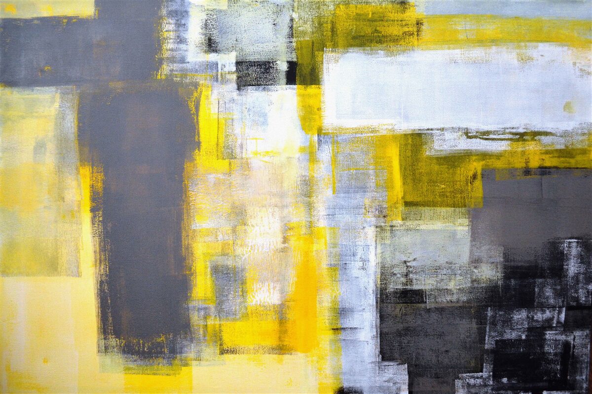 Fotobehang abstract schilderij in gele en grijze tinten, gemaakt met verf