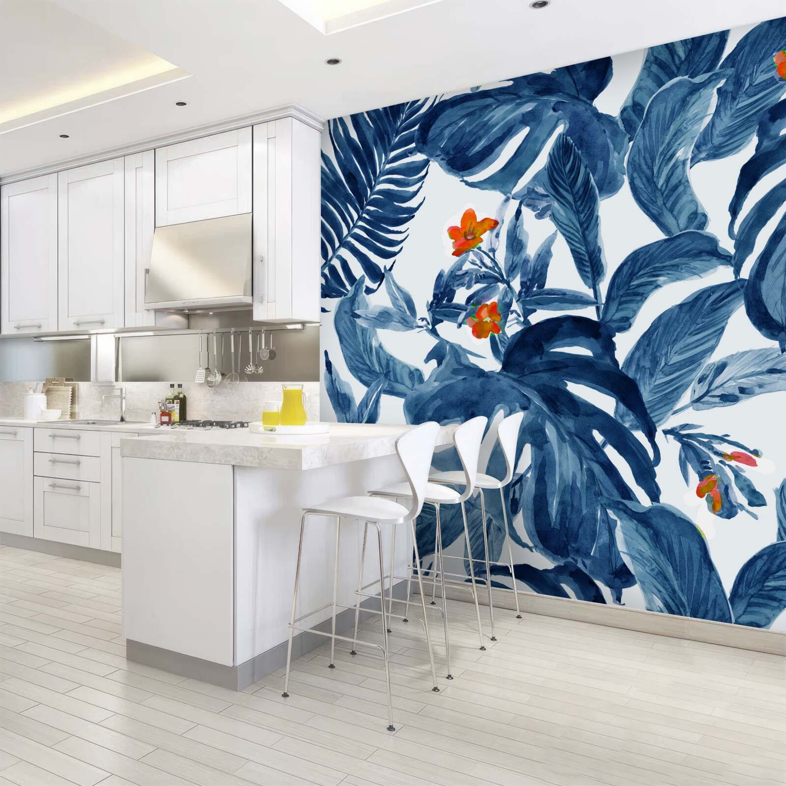 Fotobehang perziklelie en blauwe varen