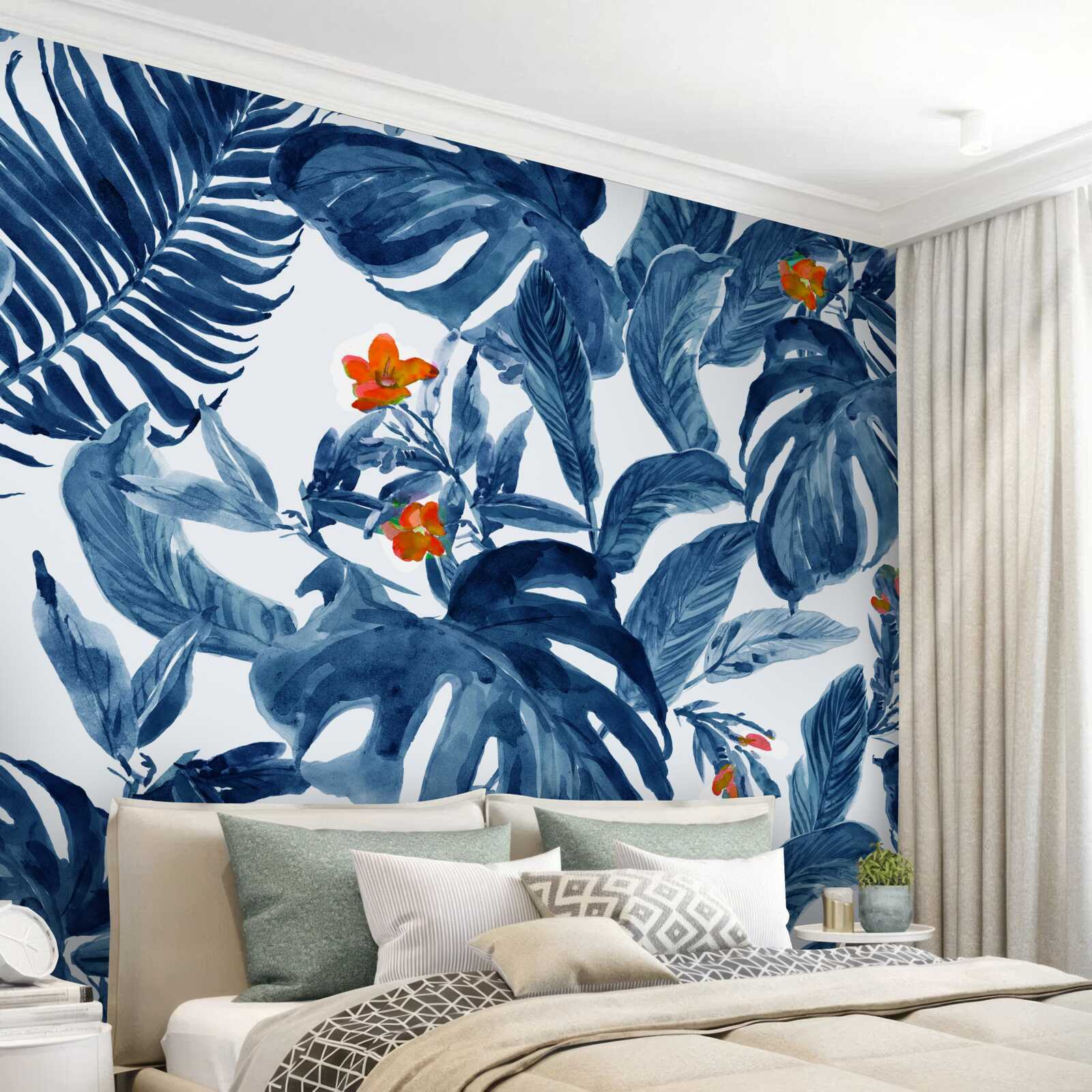 Fotobehang perziklelie en blauwe varen