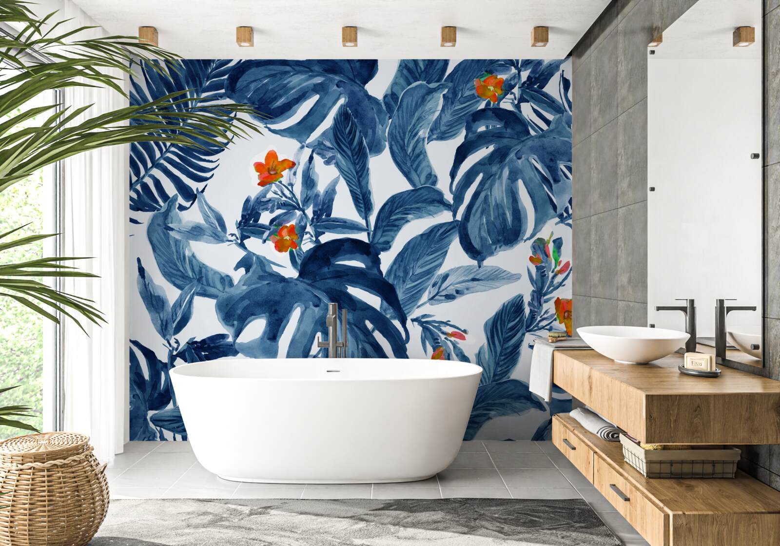 Fotobehang perziklelie en blauwe varen