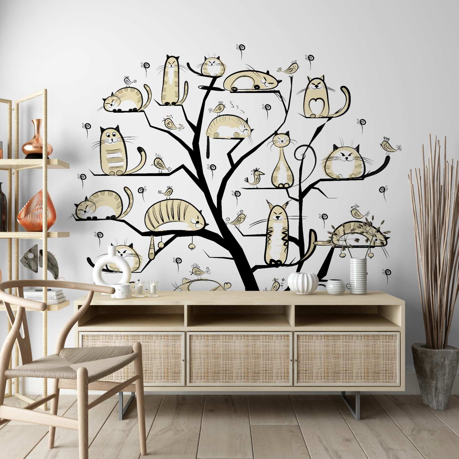 Fotobehang pluizige katten op boomtakken