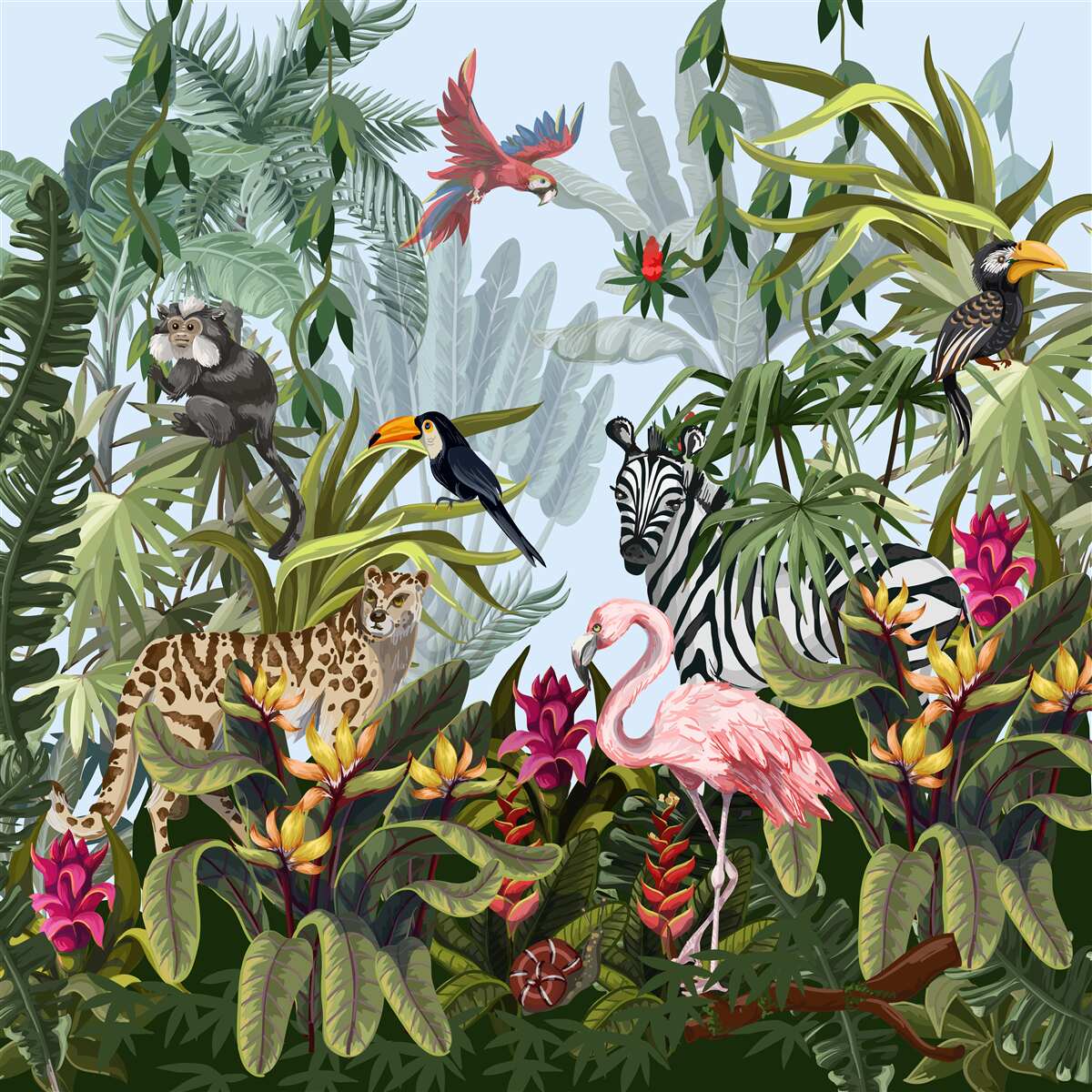 Fotobehang vegetatie overdag en wilde dieren in de jungle