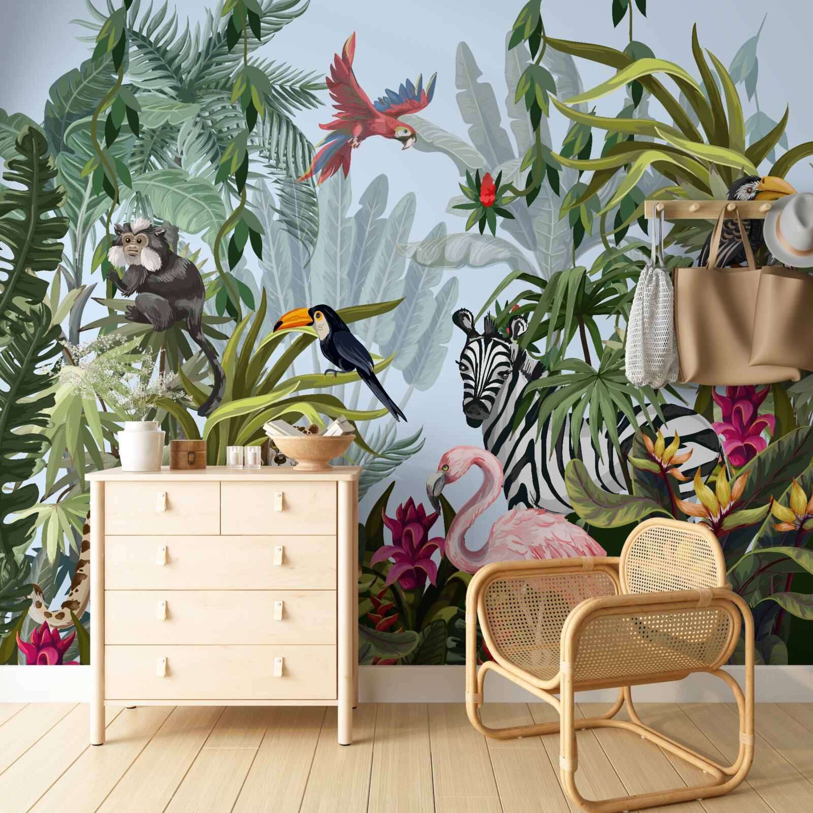Fotobehang vegetatie overdag en wilde dieren in de jungle