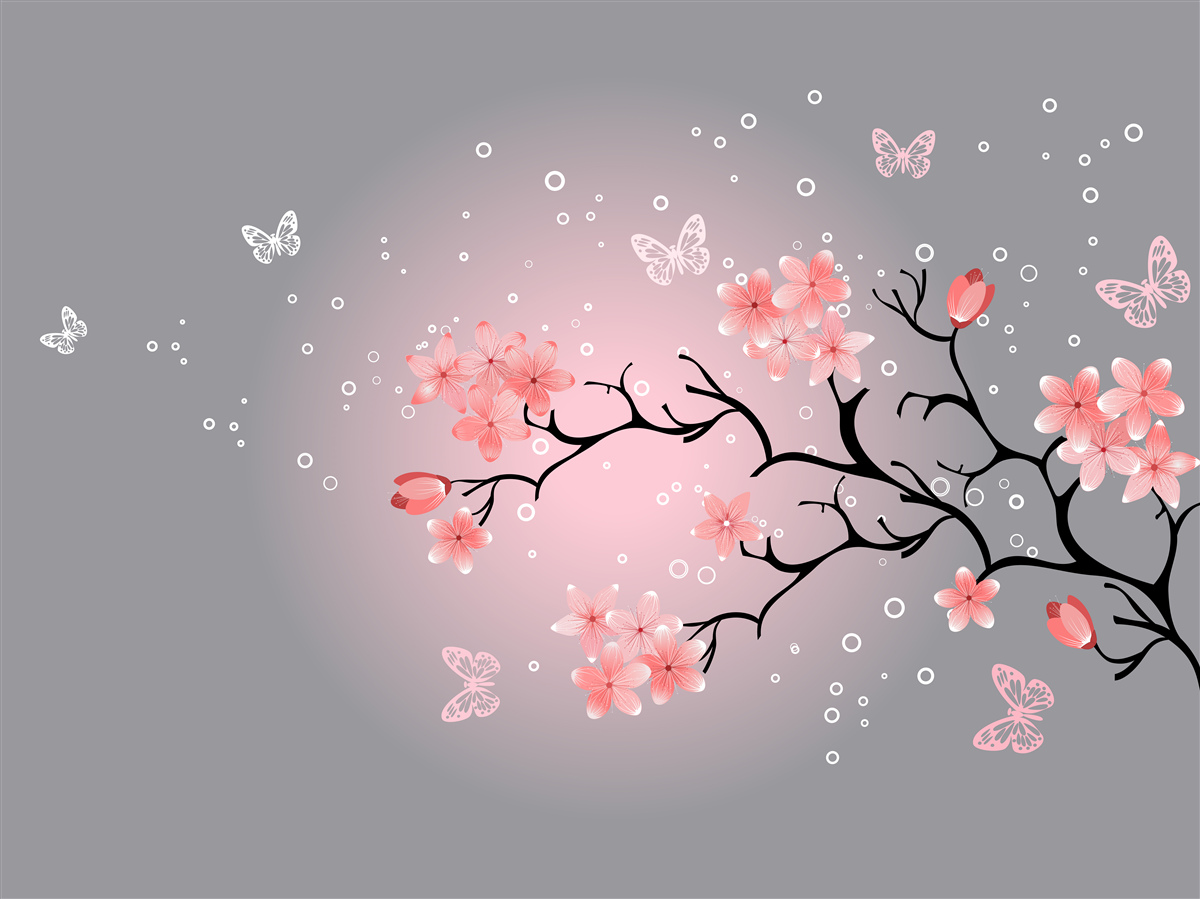Fotobehang vlinders en een sakura tak