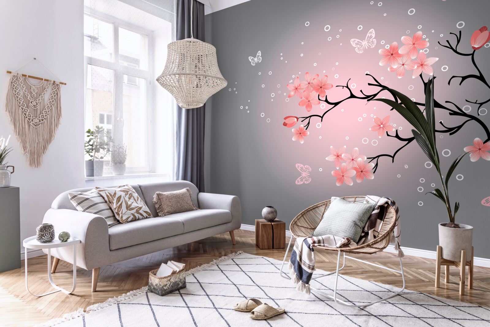 Fotobehang vlinders en een sakura tak