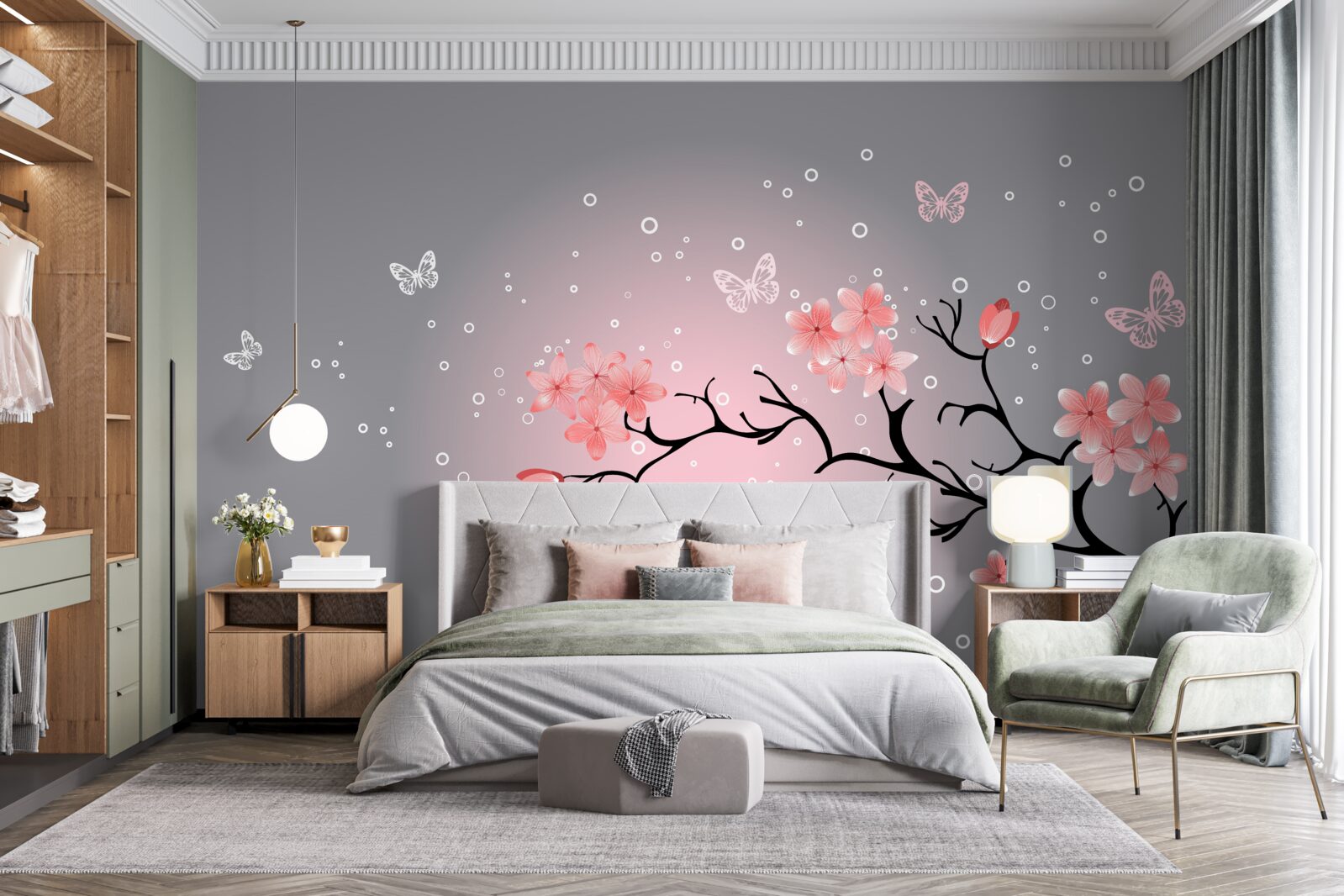 Fotobehang vlinders en een sakura tak