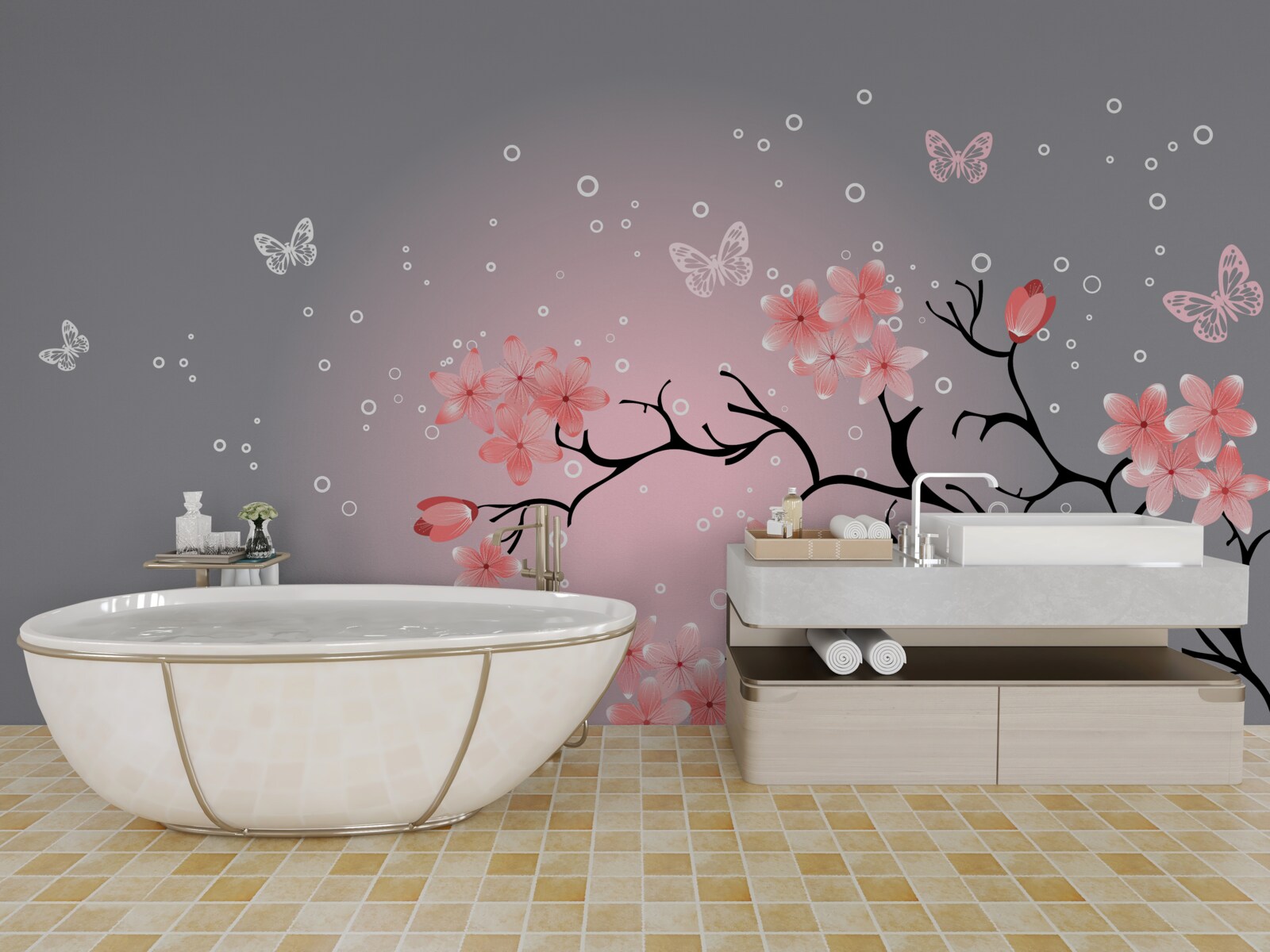 Fotobehang vlinders en een sakura tak