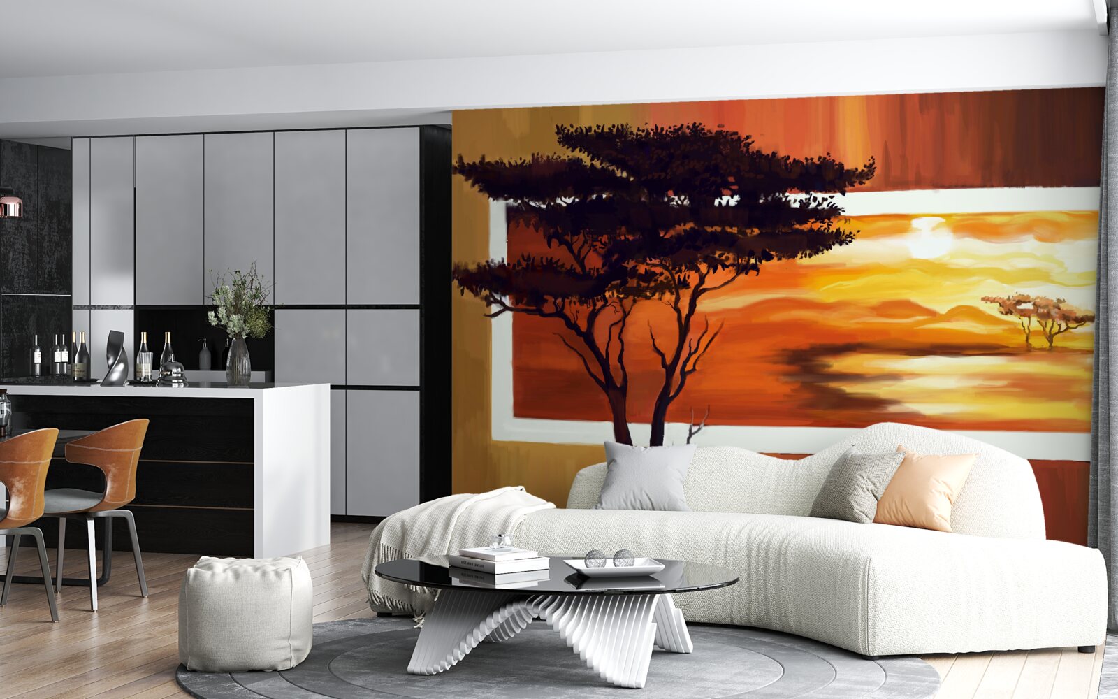 Fotobehang zonsondergang meer met bonsai