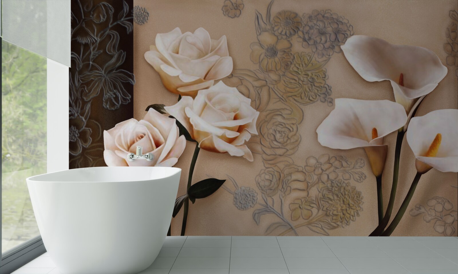 Fotobehang tulpen, callae en rozen in beige