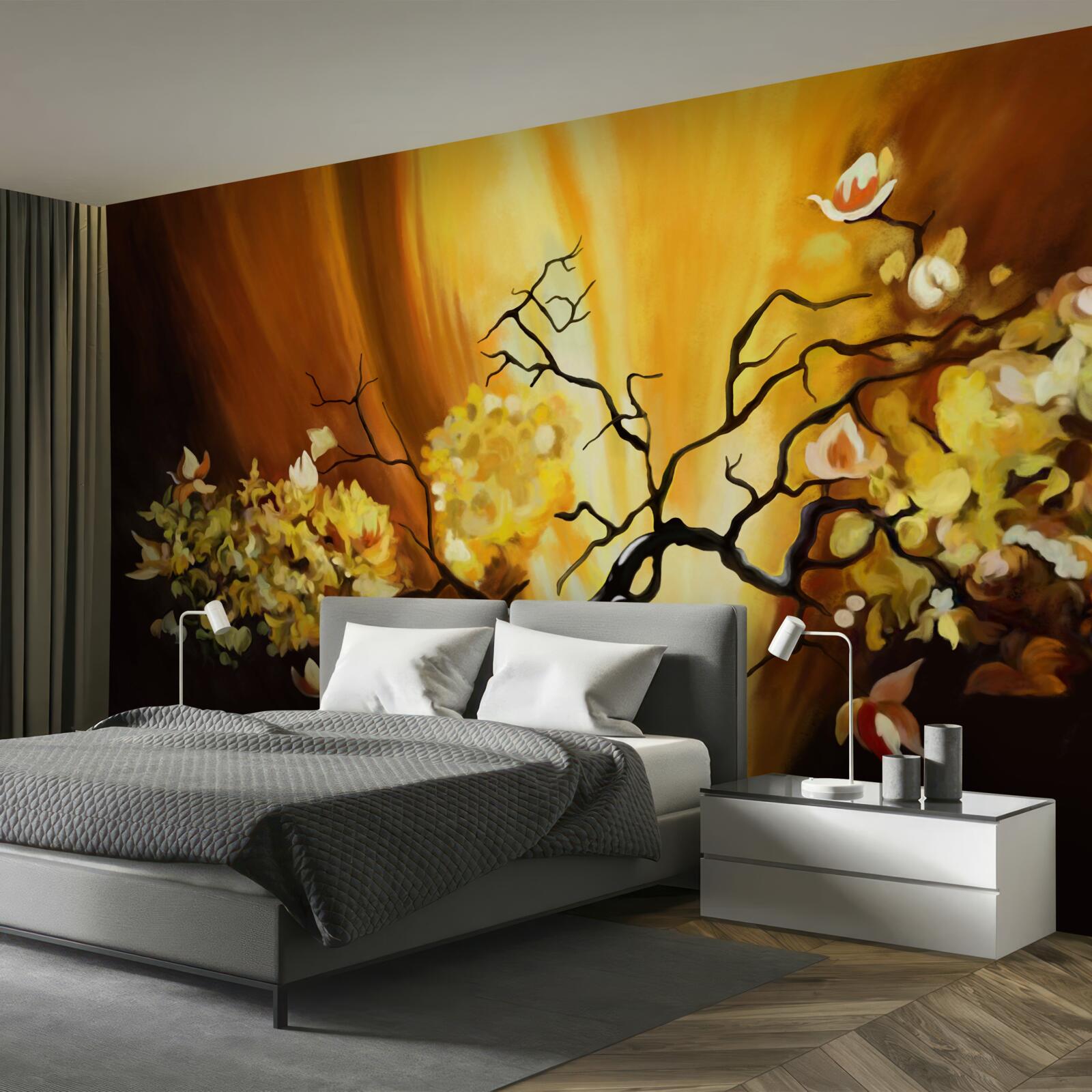 Fotobehang bloeiende boom aan de rand van de zonsondergang