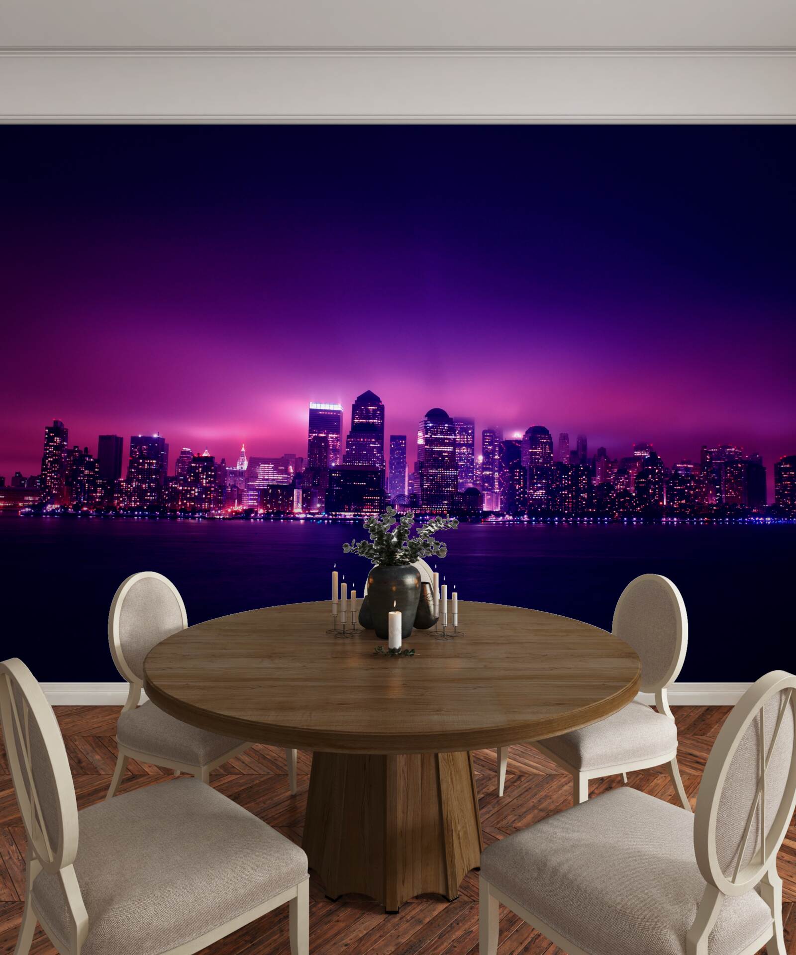 Fotobehang een lila gloed over een grote stad