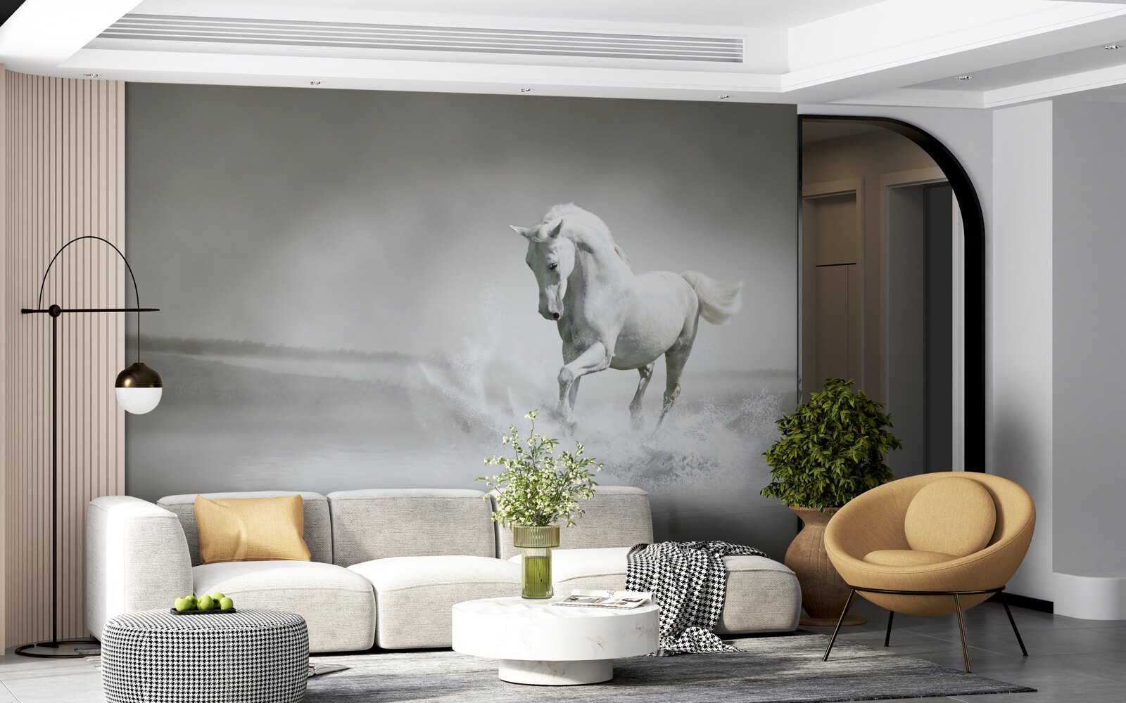 Fotobehang het luide gebrul van een sneeuwwit paard dat met zijn voeten tegen het vocht trommelt