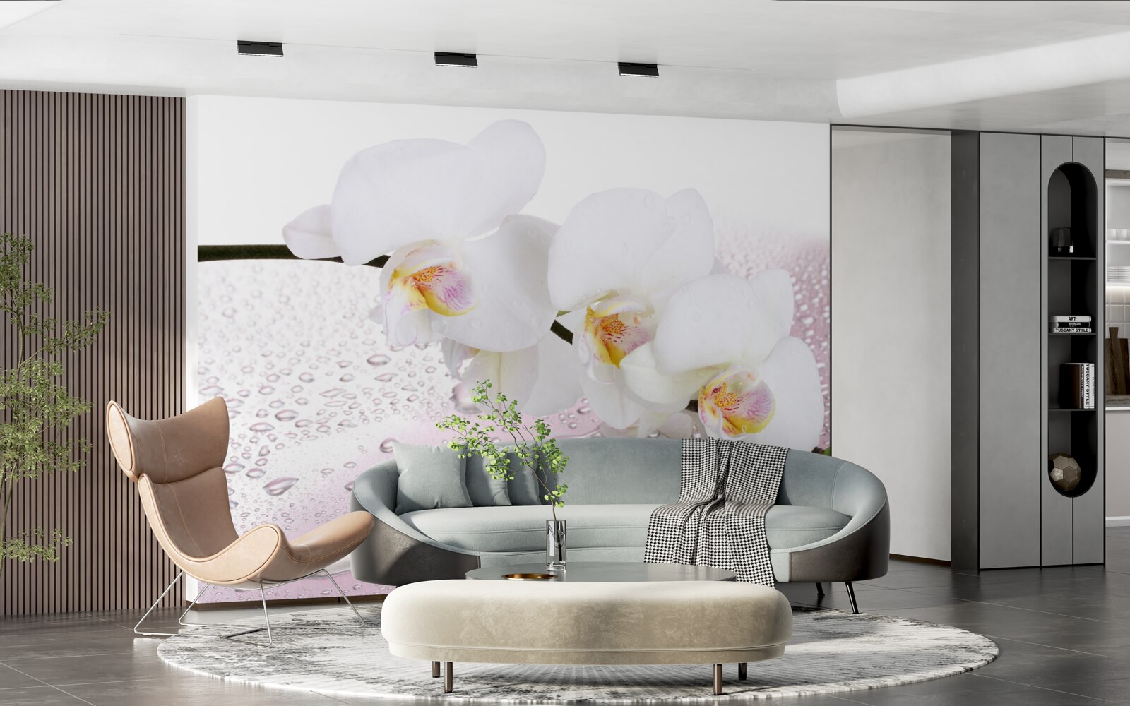Fotobehang natte witte orchideeëntak versierd met waterdruppels