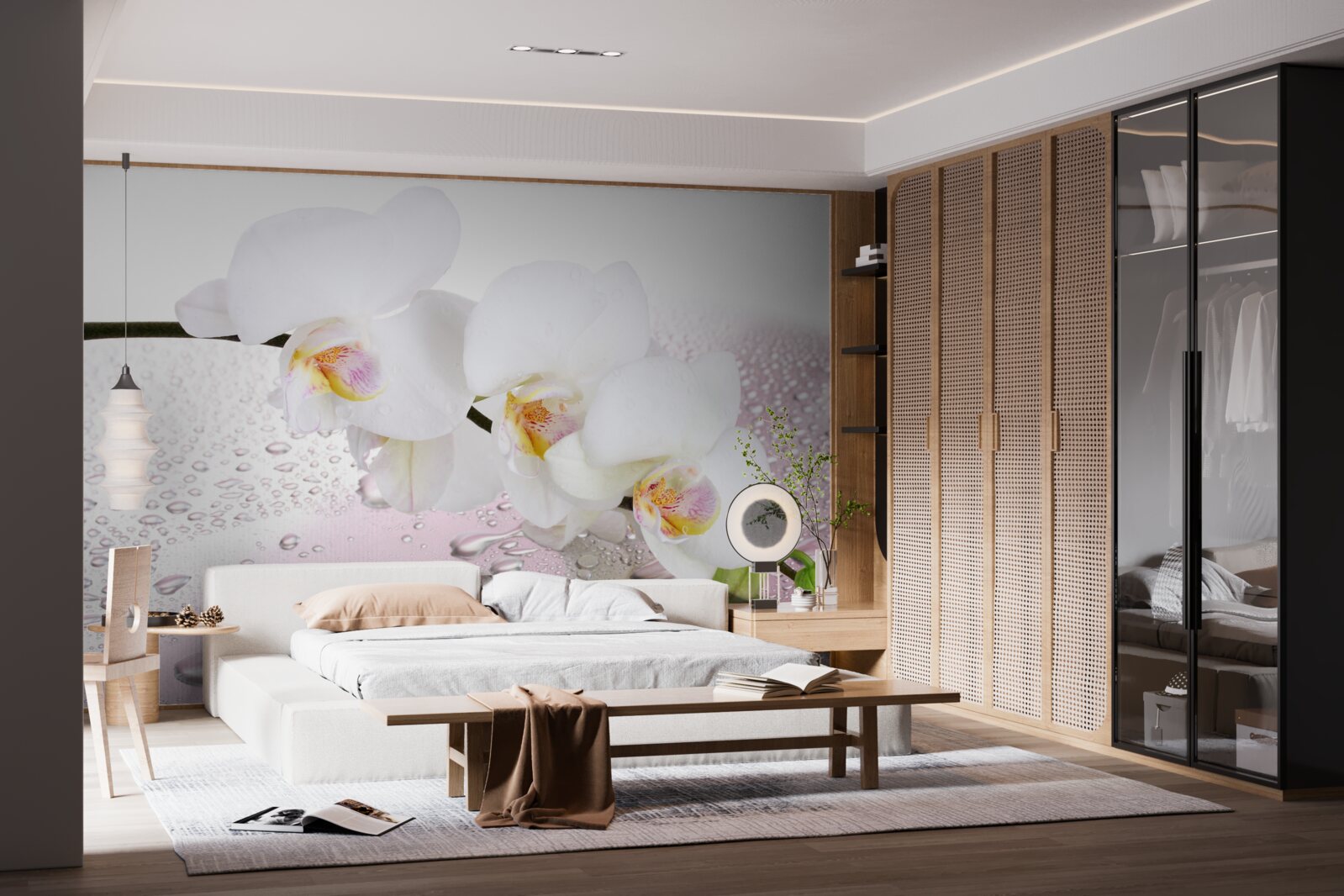 Fotobehang natte witte orchideeëntak versierd met waterdruppels