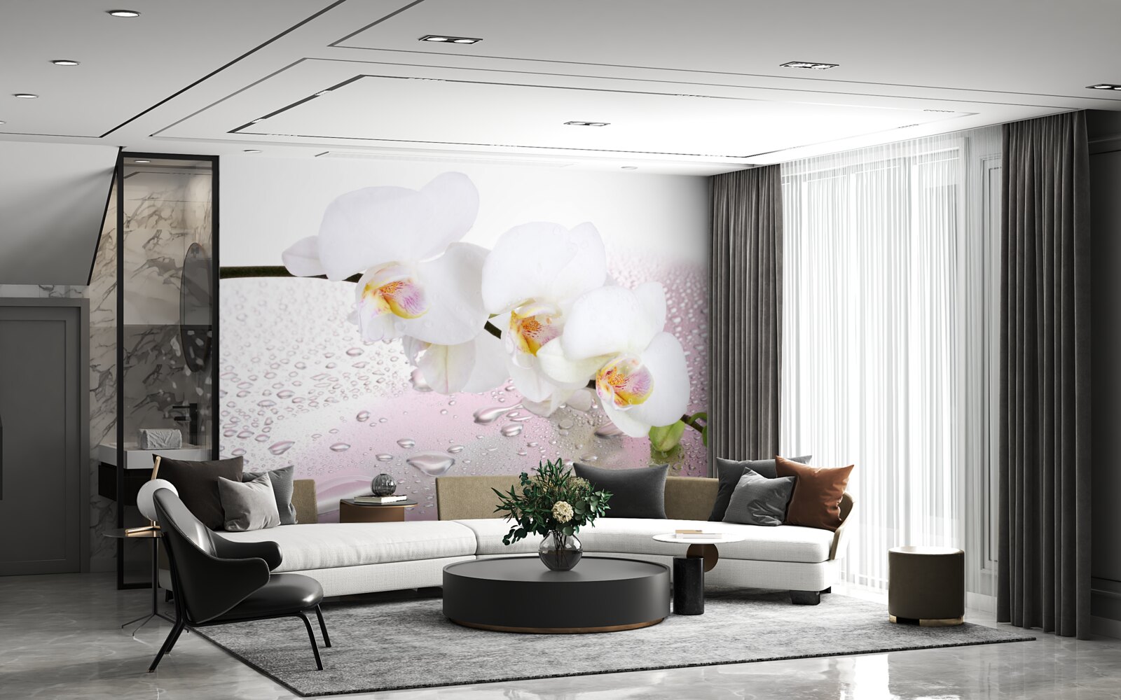 Fotobehang natte witte orchideeëntak versierd met waterdruppels