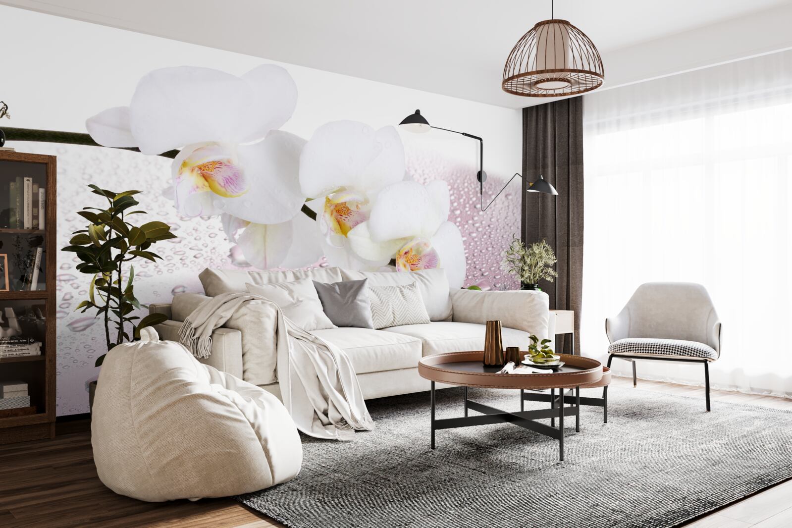 Fotobehang natte witte orchideeëntak versierd met waterdruppels