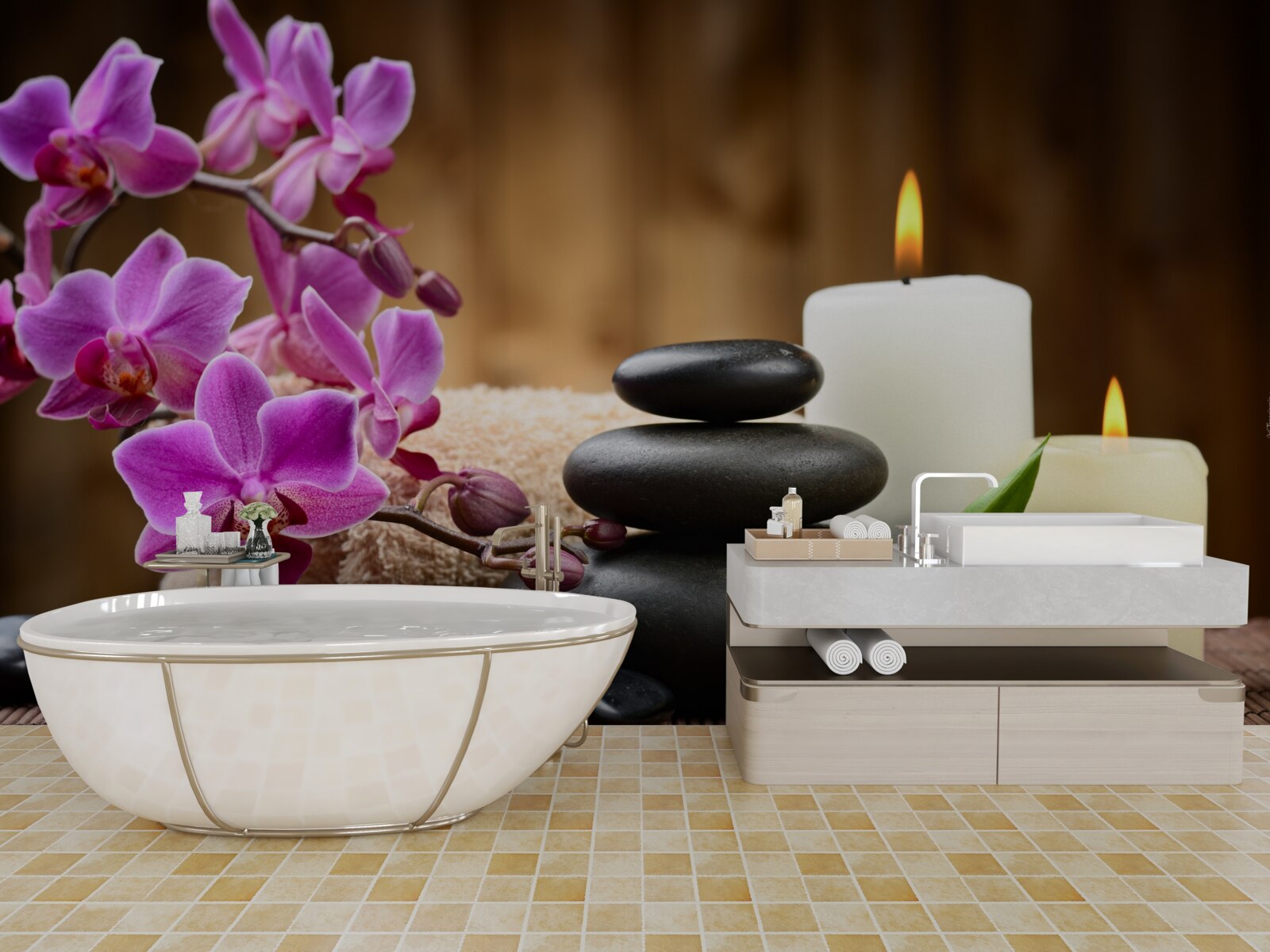 Fotobehang orchidee omringd door kaarsen en stenen