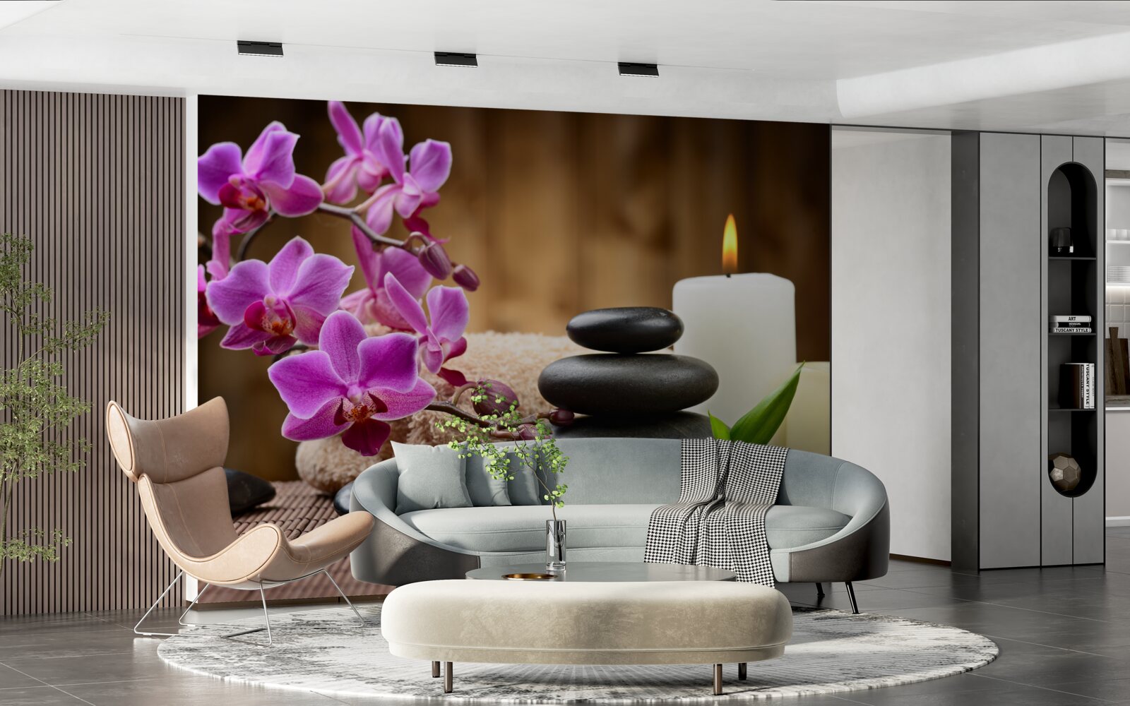 Fotobehang orchidee omringd door kaarsen en stenen