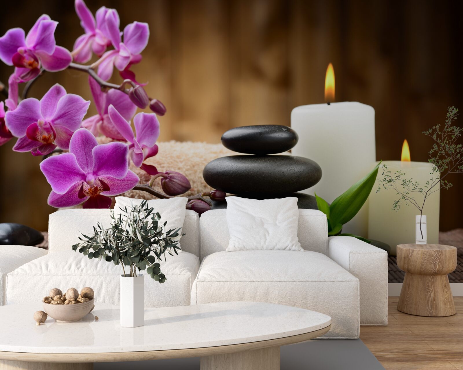 Fotobehang orchidee omringd door kaarsen en stenen