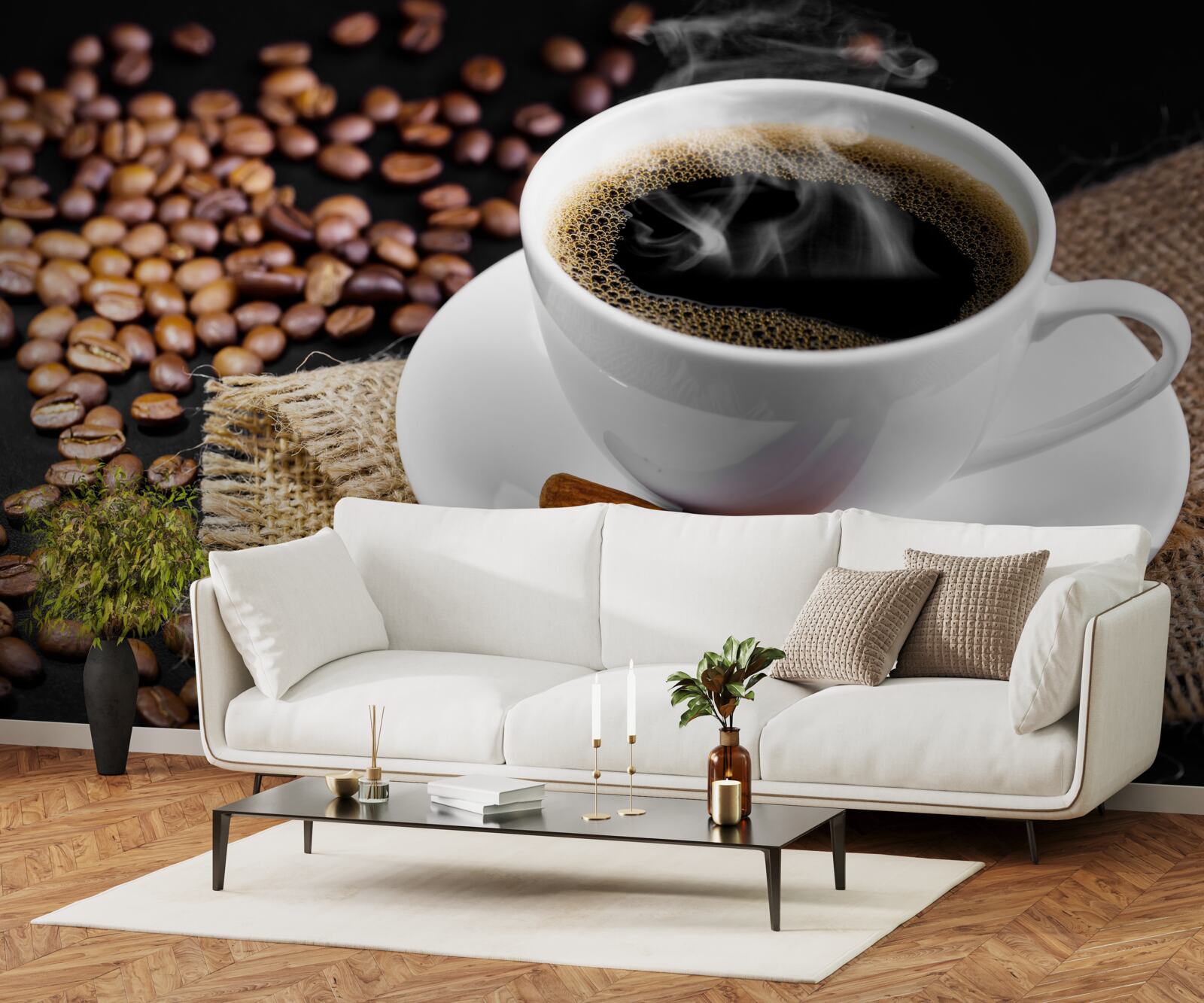Fotobehang kopje koffie met takjes kaneel