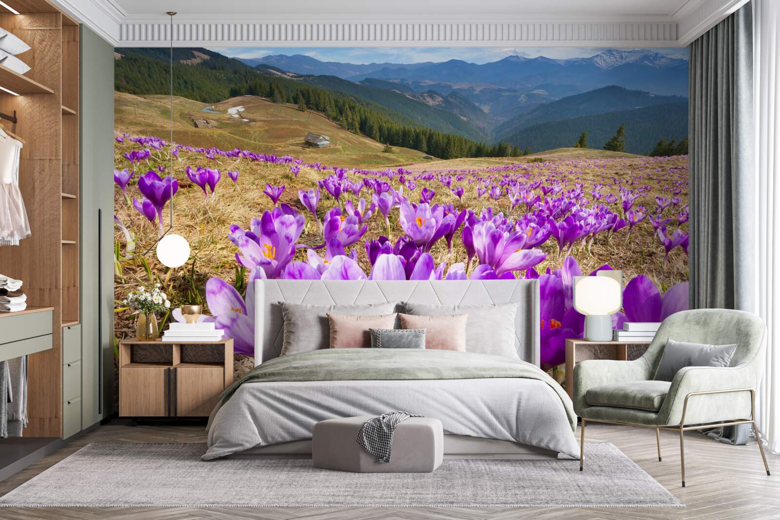 Fotobehang bergkrokussen zijn paars