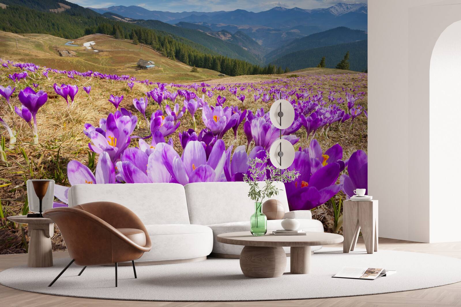 Fotobehang bergkrokussen zijn paars