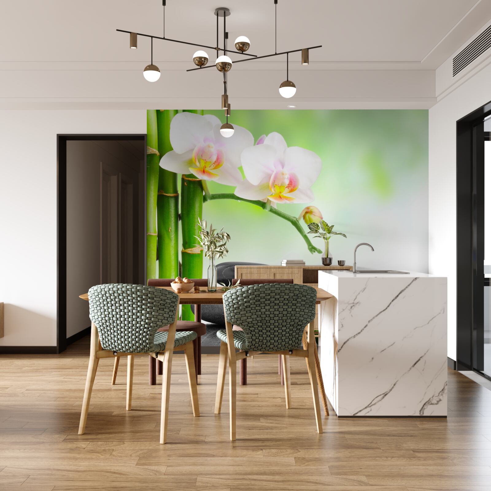 Fotobehang witte orchidee, stenen en bamboe
