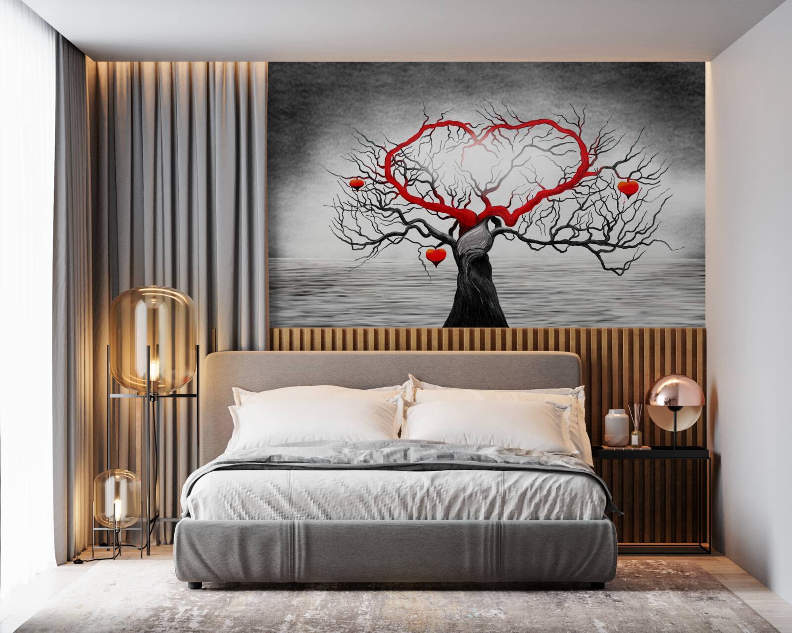 Fotobehang groot rood hart en ebbenhout
